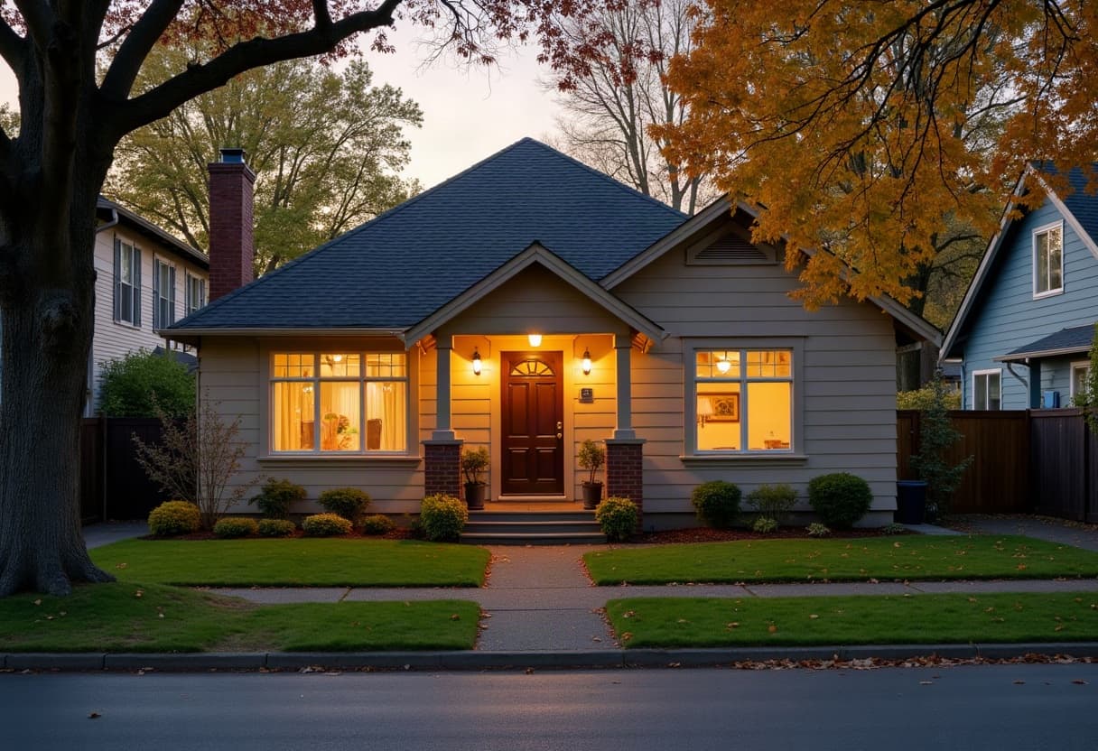 Quiet residential street with a single-story adult family home surrounded by trees in Puyallup, Washington
